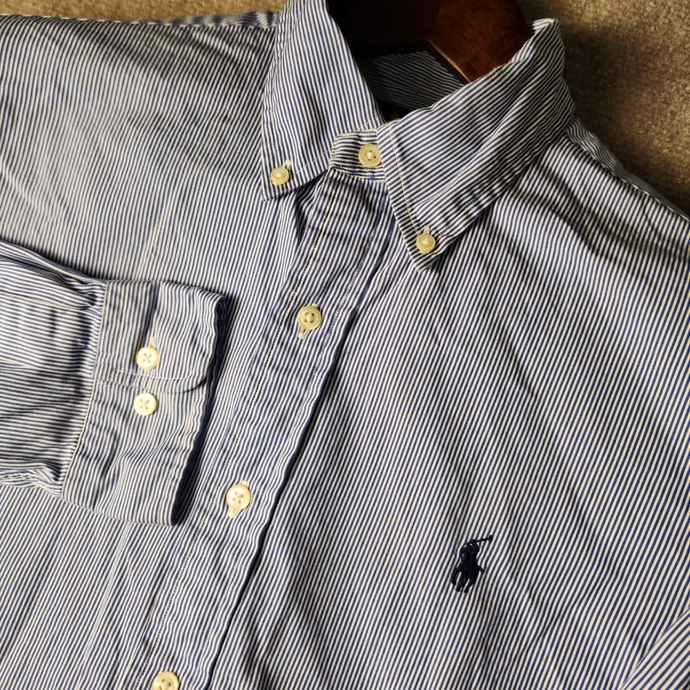 Ralph Lauren Button Down Shirt‎ Mens 15.5 Blue Striped Custom Fit Long Sleeve
